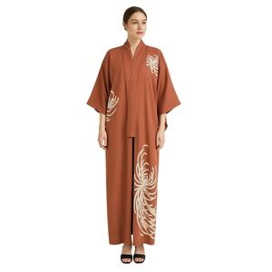 VINTAGE Japanese Kimono 59" Terracotta Hand Painted Chrysanthemum Floral‎ Robe